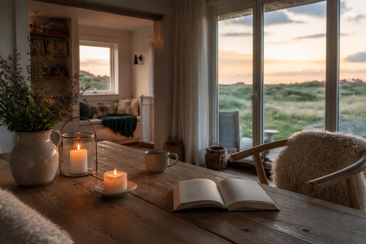 Gemütliches dänisches Ferienhaus mit Kerzen und Blick in die Dünen