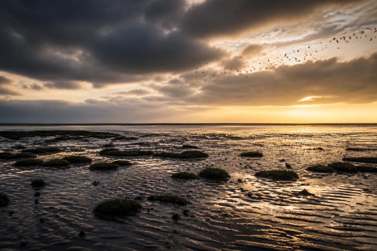 Wattflächen im dänischen Wattenmeer bei Sonnenuntergang mit Vogelschwarm